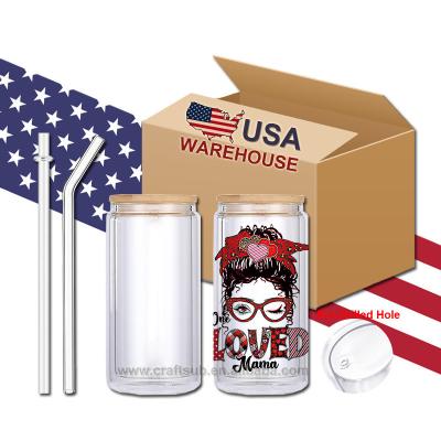 China Viable USA Warehouse 16oz 16 oz DIY Clear Perforated Double Hole Wall Blank Sublimation Snowglobe Glass Box Tumbler Cup for sale