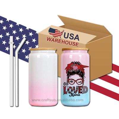 China Viable USA Warehouse 16oz 16oz Iridescent Color Ombre Gradient Shimmer Glitter Glass Can Mask Sublimation Tumbler With Bamboo Lid for sale