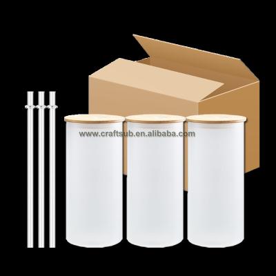 China 20oz Bulk Wholesale Viable Clear Frosted Glass Tumbler 20oz Lean Straight Empty Sublimation Beer Can Cup With Lid And Bamboo Straw for sale