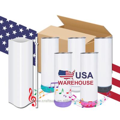 China Viable USA Warehouse Bulk 20oz Wholesale Skinny Straight Empty Tumbler 20oz Stainless Steel Sublimation Cup With Wireless Speaker for sale