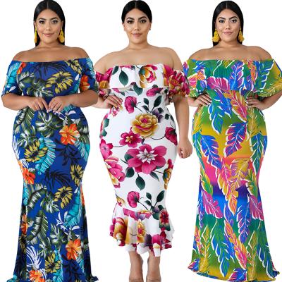 China New Sustainable Women Plus Size Dress Floral Layered Ruffled Off-Shoulder Dress for sale