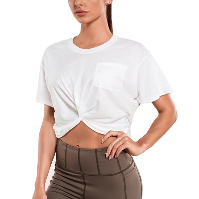 China Breathable Round Neck Sports Women Yoga Shirts Short Sleeve Fashion T-shirt Loose Round Casual Daily Yoga Tops Wjith Pocket for sale