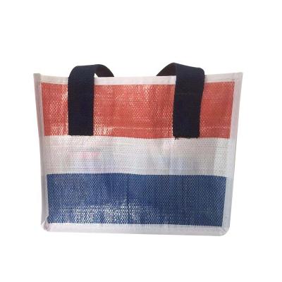 China Red White Shop Blue Stripe 100% Recyclable Polypropylene Woven Tote Bag for sale