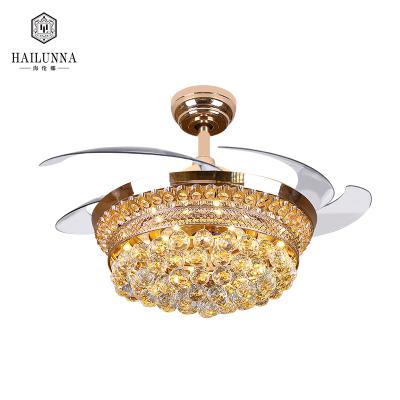 China Modern Luxury Design Living Room Dining Room Ceiling Fan Light Crystal Chandelier Remote Control Home Decorative Led Fixture for sale