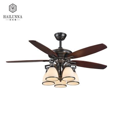 China With Light DC Motor 52 Inch Blade Decor Black Gold Solid Wood Electric Ceiling Fan With 5 Lights for sale