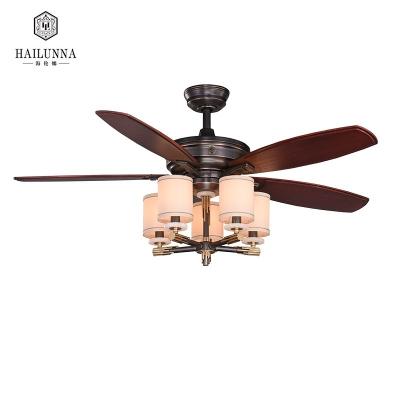 China Modern Wooden Pole Retro AC Motor Alloy LED Ceiling Fan Lamp For Bedroom for sale