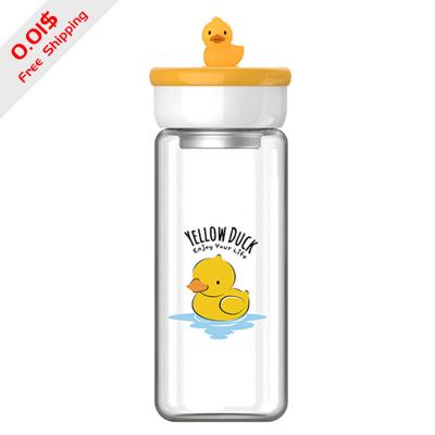 China Cute Duck Printing Glass Water Bottle Borosilicate Single Layer Insulated Glass Water Bottle Factory Wholesale High Viable Sale for sale