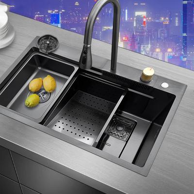 China With Faucet Ware Wash Basin Double Bowl Stainless Steel Kitchen Sanitary Handmade Undermount Sink With Waterfall Faucet for sale