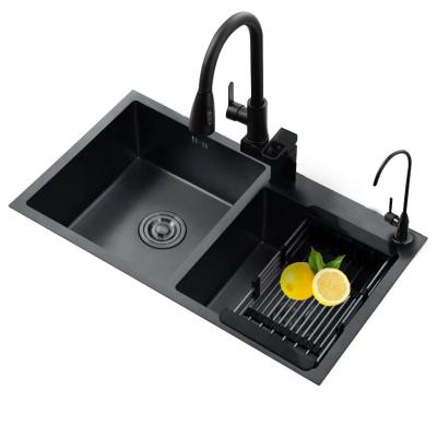 China With Handmade Black Fregadero SUS304 Basin Undermount Stainless Steel Kitchen Sink Faucet Double Nano Deep Bowl for sale