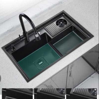 China With faucet kitchen sink high and low step wash large multifunctional handmade sus304 single kitchen sink with cup washer for sale