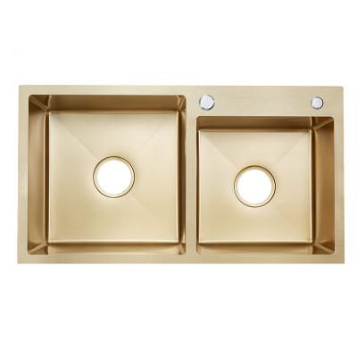 China Without Faucet 7541 New Inch Factory Trend Gold Double Bowl 304 Stainless Steel Kitchen Sink Gold Farmhouse Kitchen Basin for sale