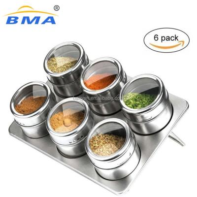 China Sustainable Herb & Spice Tools & Pepper Shakers 6 Pcs Magnetic Kitchen Stainless Steel Spice Jars Storage Cans With Stainless Rack for sale