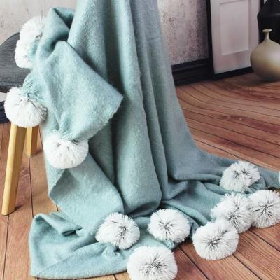 China Anti-pilling Soft Faux Mohair Blanket With Pompom for sale