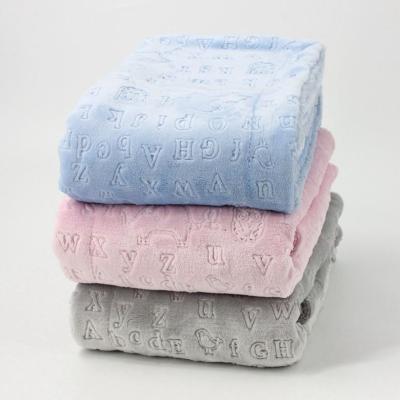 China Anti-pilling 100% Polyester Ally Alphabet Embossed Fleece Baby Throw Blanket With Sherpa Backing for sale