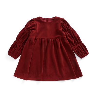 China Boutique fashion style wholesale wine color anti-static kids velvet dress long sleeve baby dress for sale