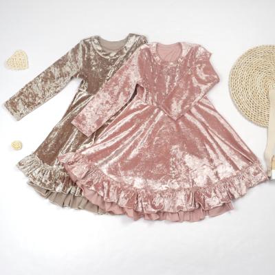 China Wholesale Anti-wrinkle Autumn Spring Kids Girls Long Sleeve Velvet Dress Girls Solid Color Princess Dress for sale