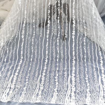 China white 3D vertical stripes lace fabric wedding dress accessories lace fabric embroidery for sale