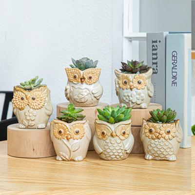 China Cartoon 6 Pcs/Set Cute Animal Design Ceramic Succulent Owl Shape Flower Pots Planter Pot Succulent Planter Pot for sale