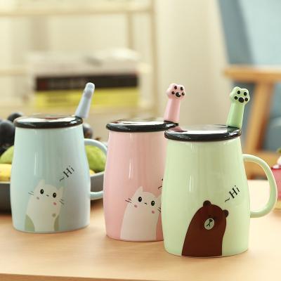 중국 Wholesale Stocked Mug Color Heat Resistant Cartoon With Spoon Lid Kitten Milk Coffee Ceramic Mug Kids Mug Office Gifts 판매용