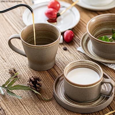 Cina Japanese Style Stoneware Stored Coffee Cup And Saucer Set Retro Handmade Mark Cup Household Milk Breakfast Cup in vendita