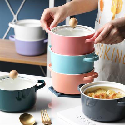 China Nordic Ceramic Stocked Instant Noodle Bowl With Lid Household Soup Salad Bowl Simple Glass Oven Baking Ceramic Cooking Pot for sale