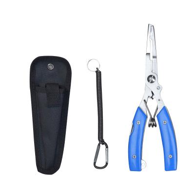 China Stainless Steel+Plastic Handle Fishing Accessories Stainless Steel Blue Fishing Pliers Curved Hook Remover Fishing Pliers With Fish Knife for sale