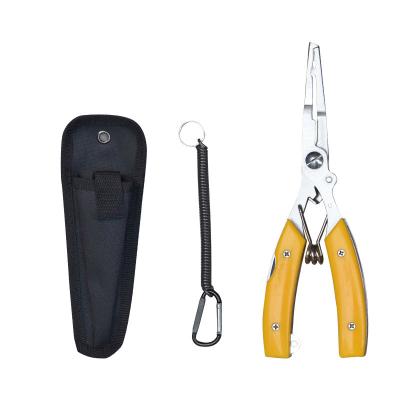 China Stainless steel+plastic handle fishing accessories stainless steel yellow fishing pliers curved hook remover fishing pliers with fish knife for sale