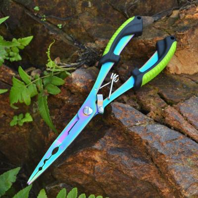 China High carbon steel+plastic handle long nose colored titanium fish pliers line scissors hook remover fish accessories for fishing for sale