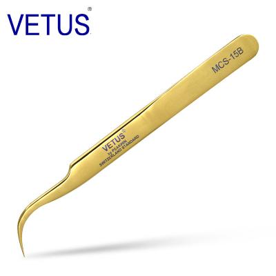 China VETUS MCS15B Gold Stainless Steel Eyelash Applicator Tweezers Tube Durable Blue Colored Eyelash Tweezers Custom Logo for sale