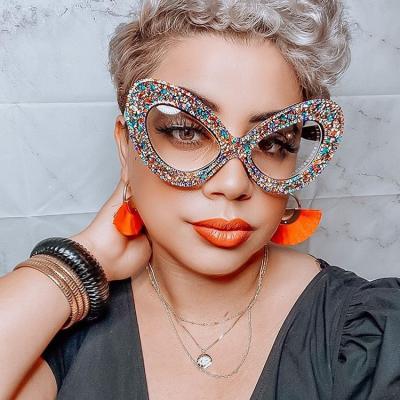 China Popular Luxury Fancy Shiny Ladies Party Oversized Cat Eye Shape Rhinestone Glasses Diamond Frames Glasses Colorful Bling Glasses for sale