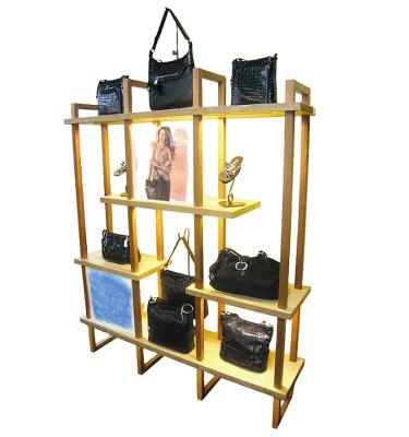 China Handbag Display Rack Mall Window Bag Free Stand Show Metal Advertising Handbag Yellow Powder Wooden Display Stand for sale