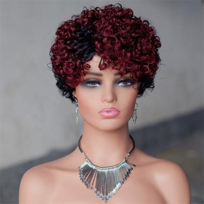 China Kinky Curl Brown Ombre Short curly Wigs with Bangs for black women Machine Made Cheap  Short Pixie Cut Human Hair Wigs for sale