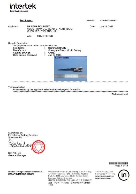 Intertek Product Test Report - Dongguan Shenghua Plastic Mould Factory