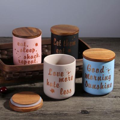 China Handcrafted Airtight Tall Porcelain Tea Coffee Words SugarJar Lid Storage Wooden Jar for sale