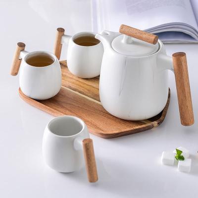 China Sustainable European Style Tea Coffee Set Ceramic Teapot Set With Bamboo Tray Customs Data for sale