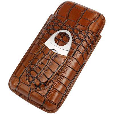 China Minimalist Trave 3 OEM Crocodile Pattern Cigars Personalized Leather Cigar Case With Stainless Steel Cutter for sale