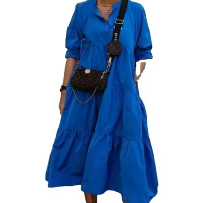 China Viable Cotton Canvas Dress For Women Casual Maxi Dress Dual Pockets Loose Shirt Slit Dress for sale