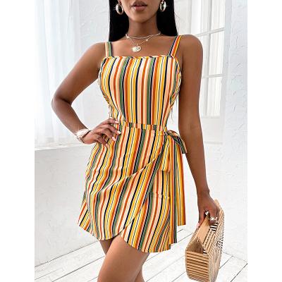 China Anti-Static Women Sleeveless Short Dresses Striped Wrap Boho Backless Cami Mini Dress Tie Side for sale