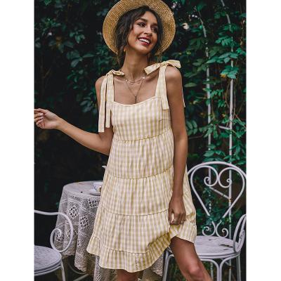 China Anti-Static Women Dresses Stylish Plaid Tie Neck Sleeveless Summer Dress Women Loose Casual Mini Dresses for sale