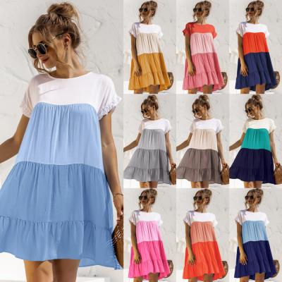 China Lady Dress Contract Color Short Sleeve Anti-Static Dress Women Summer Elegant Ruffle Pleated Loose Flare Dress for sale