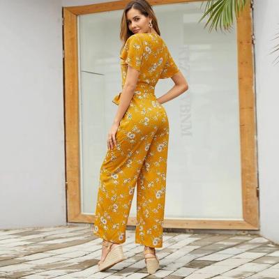 China QUICK DRY Women's One-Piece Set Floral Printed Overalls V Pants Casual Deep Sleeve Straight Waist Shorts for sale