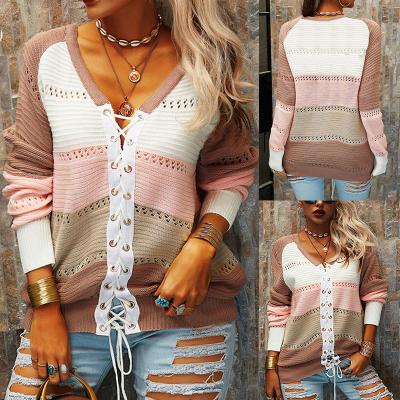 China Anti-Wrinkle Women Fall New Cardigan Sweater Lace Long Sleeve Contrast Ladies Casual Stitching V-Neck Sweater for sale