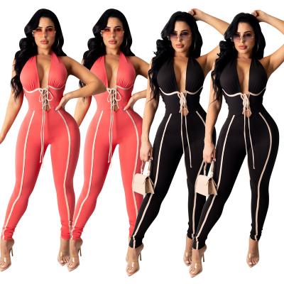 China Anti-pilling 2021new designed summer club tailored sexy V-neck tie sleeveless sexy jumpsuit for women for sale