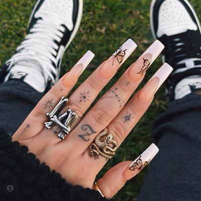 China Salon Effect French Long Artificial Nails For Women Luxury Square Butterfly Nail Handmade Acrylic Tips for sale