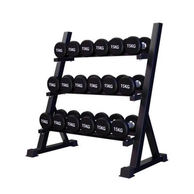 China Modern Commerical Dumbbell Rack Pesas Con De Mancuernas Storage 3 Dumbell Metal Rack Stand 2 Row Weight Gym Equipment With Saddle for sale