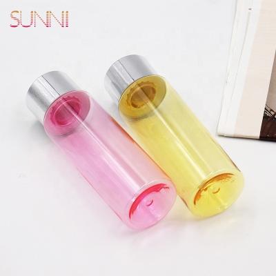 China 100ml 120ml 150ml Cosmetic Pink Cosmetic Elegant PET Face Cylinder Private Label Round Shoulder Toner Bottle With Silver Screw Cap for sale