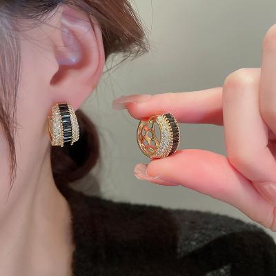 China Office/career New career style simple OL personality matching temperament zircon spliced copper gold plating circle buckle huggie earrings for sale