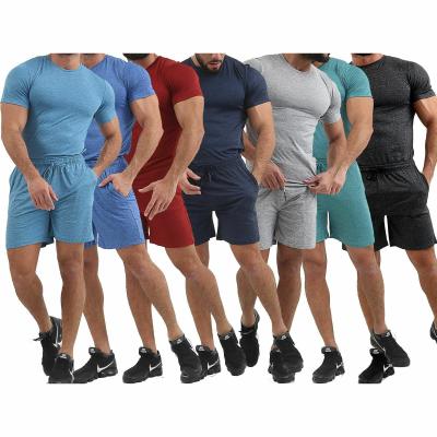 China Breathable Mens Fitness Solid Color Stretch Round Neck Short Sleeve Plain Sweat Suit Men for sale