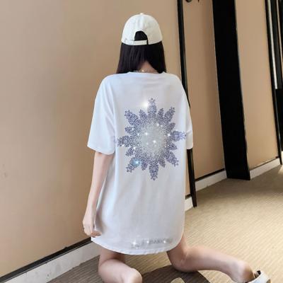 China Custom Rhinestone Transfer Girl Breathable Fast Shipping White Crystal Bling T-Shirts With Hot Fix Women Shirts for sale