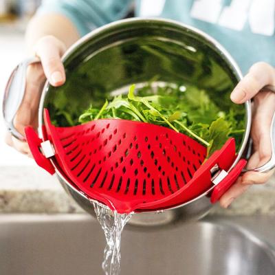 China Stocked Pot Strainer And Adjustable Pasta Strainer Silicone Clip On Food Colander Strainer for sale